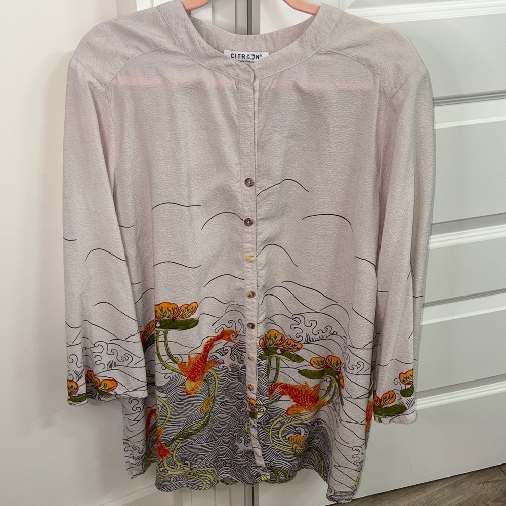 CITRON "Noble Koi Fish in Cream" 100% silk blouse size 3X lagenlook lightweight